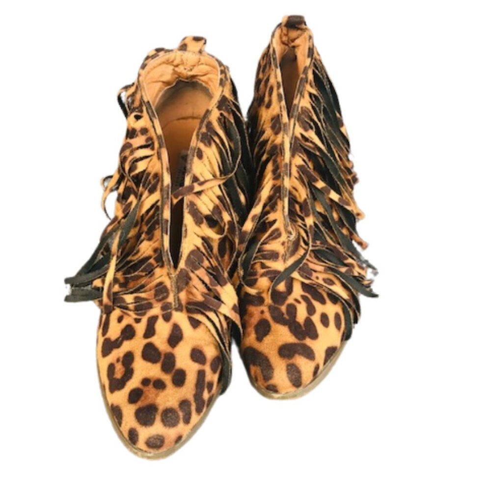 Beast Fashion Faux Leather Animal Leopard Print Fringe Bootie Size 7.5